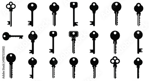 Variety of antique and modern keys displayed in a stark silhouette