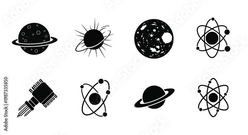 Cosmic icons depicting planets atoms and technology in black silhouette