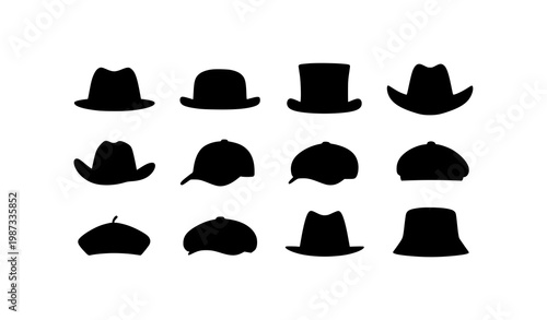 Black hat collection vector set with fedora cowboy cap and classic headwear icons isolated on white background