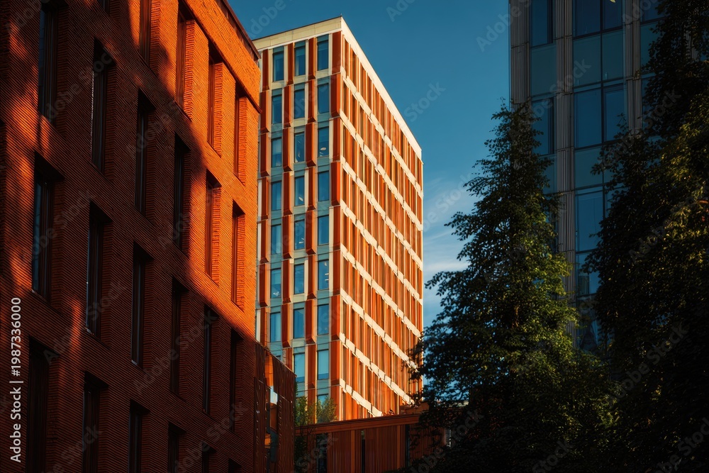 Fototapeta premium Modern brick and glass buildings bathed in warm sunlight
