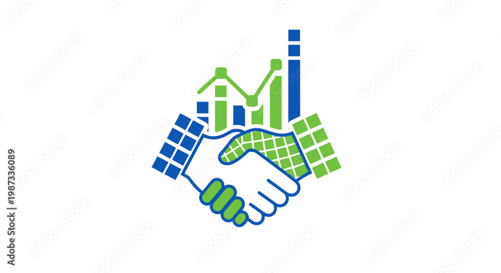 Fototapeta premium Digital Business Handshake with Growth Analytics Flat Illustration – Partnership and Technology Concept
