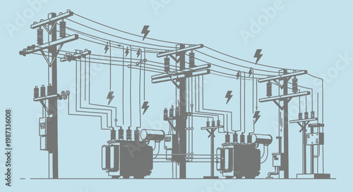 An abstract vector illustration depicts a modern industrial building and transmission tower under a blue sky, symbolizing electric power energy and urban technology architecture with steel crane equip