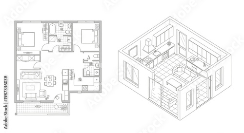 Architectural house plan blueprint and 3d sketch design featuring an urban building project model with engineering perspective for home construction