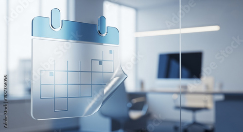 Calendar icon sticker applied to a transparent glass office window