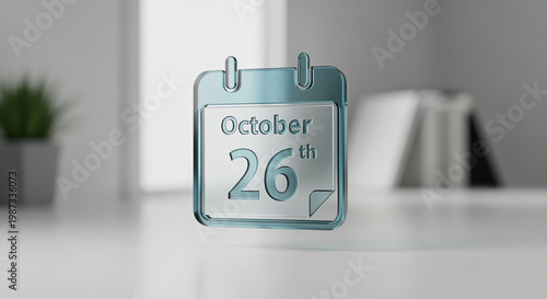 Glass calendar icon showing October twenty sixth date on transparent background
