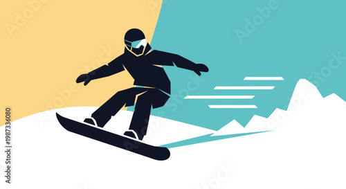 An extreme athlete performing an action jump on a snowboard during a winter sport activity illustration