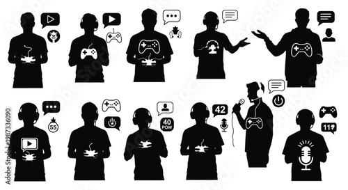 Gamers interacting with technology and each other a dark silhouette