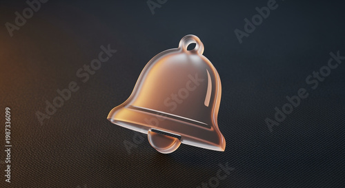 Glass notification bell icon rendered in 3D on dark background