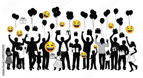 Celebratory crowd with balloons and gifts in striking black silhouette