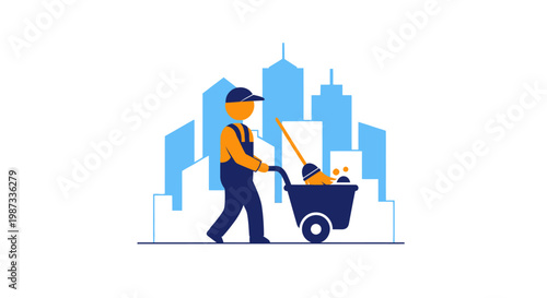 Flat style illustration of a delivery worker pushing a cart in a modern urban city environment. Concept of logistics, courier services, supply chain, and urban transportation.