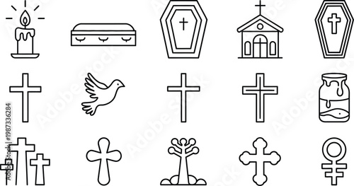 A flat lay of various religious and mourning icons, including crosses, a church, coffin, and dove, on a plain white background, vector illustration representing remembrance, spirituality,