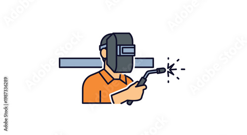 Welder working with protective mask and welding torch illustration