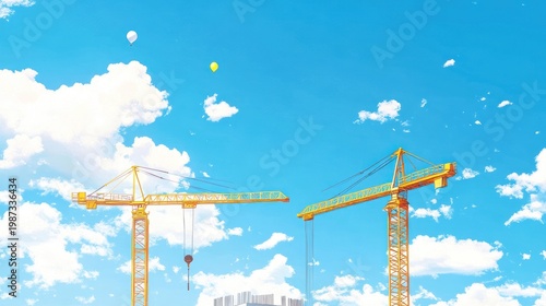 Two yellow cranes reaching into a bright blue sky with fluffy white clouds and balloons