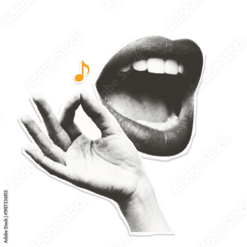 Isolated female mouth singing and hand - retro halftone collage composition. Trendy mixed media paper cutout design asset.