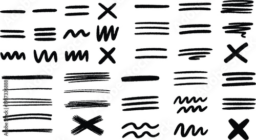 Hand drawn brush strokes and marker lines set, black ink underline and cross symbols, 35 vector elements for highlighting and correction