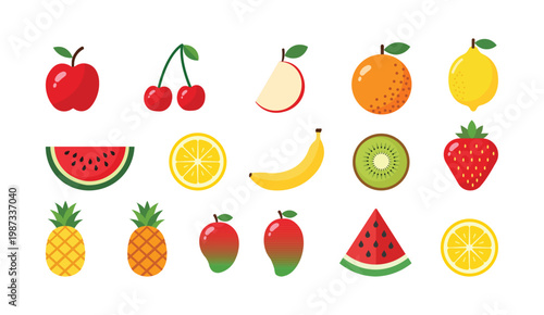 Flat fruit icons set – cherry, apple, strawberry, watermelon & citrus illustration | colorful fresh fruits vector collection