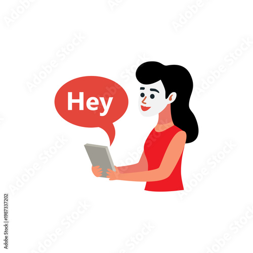 Flat vector illustration of a young woman using a tablet with a red speech bubble saying Hey for communication.
