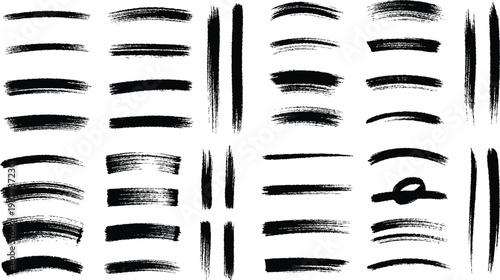 Grunge black paint brush strokes set, hand drawn ink texture elements, artistic charcoal smear collection for graphic design and borders