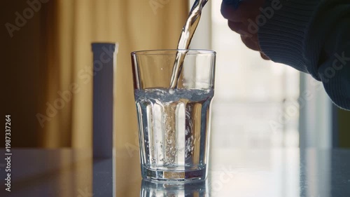 Clean, transparent water streams from a pitcher or faucet into an empty drinking glass on a table in front of the window