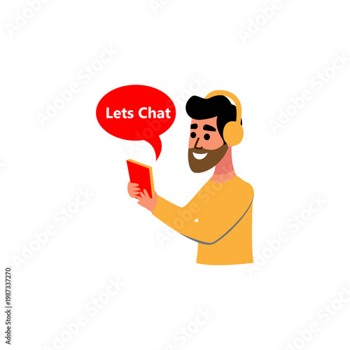 Flat vector illustration of a smiling bearded man with headphones holding a smartphone with a red Let's Chat speech bubble.

