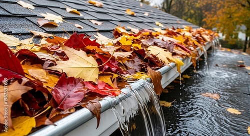 Clogged gutter with autumn leaves causing water overflow, highlighting drainage problems and home maintenance needs.