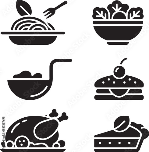 Delicious icons representing various classic holiday and everyday dishes