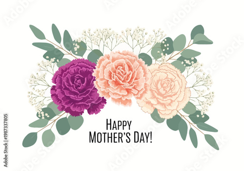 Happy Mother's Day Greeting Card with Carnation Flowers, Eucalyptus Leaves, and Baby's Breath