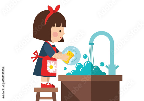 Cute Little Girl Washing Dishes in Kitchen Sink Vector Illustration - Child Doing Chores and Helping at Home Concept