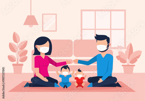 Family Wearing Face Masks at Home Illustration - Safety and Health Protection Concept