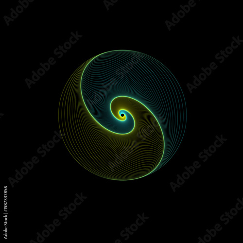 Abstract glowing spiral vortex with gradient lines on black background futuristic geometric design
