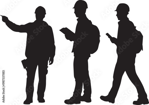 Three construction workers engaged in different activities on a job site