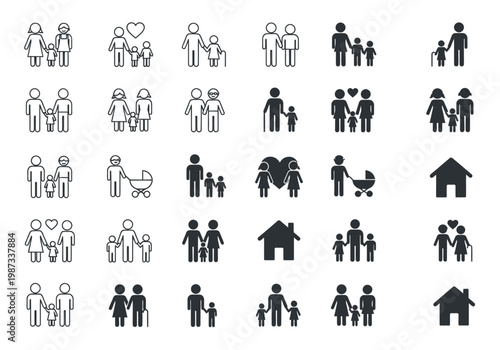 Diverse Family Icon Set Featuring Inclusive Households, Same-Sex Parents, Elderly Care, and Home Symbols in Silhouette and Line Art Styles