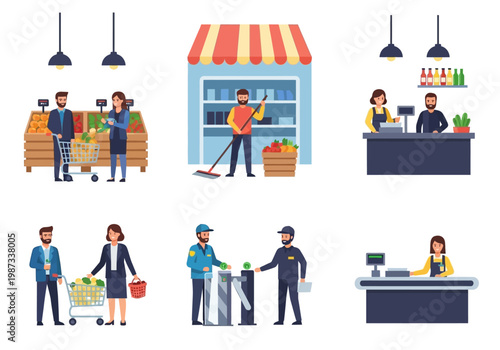 Supermarket and Grocery Store Illustration Set Featuring People Shopping, Cashiers, Security, and Retail Staff
