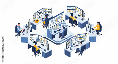 Isometric Global Network Operations Center and Control Room with Data Analysts Monitoring Performance Dashboards and Logistics Infrastructure