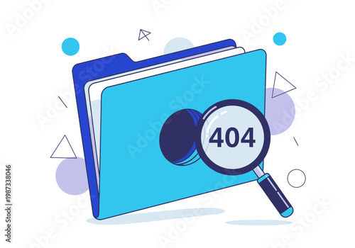 404 Error Page Not Found Concept with Blue Folder and Magnifying Glass Vector Illustration