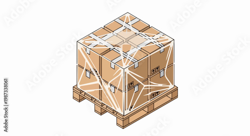 Isometric Illustration of Cardboard Boxes on a Wooden Pallet Wrapped in Stretch Film for Logistics and Shipping Services