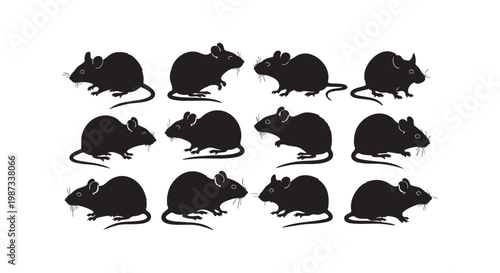 Collection of twelve black mouse silhouettes in rows with detailed ears and tails vector illustration.