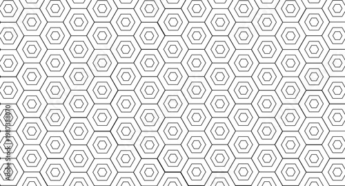Lattice seamless pattern with concentric hexagon. Abstract geometric background with black outline hexagonal grille. Mosaic seamless pattern with honeycomb shapes, vector illustration