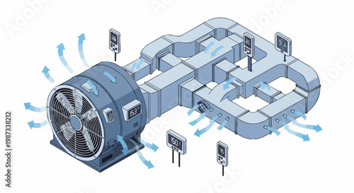 Isometric Industrial HVAC Ventilation System Illustration with Fan, Ductwork, and Temperature Sensors