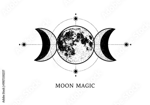 Triple Moon Magic Goddess Symbol - Wiccan Pagan Sacred Geometry Illustration with Moon Phases, Minimalist Black and White Celestial Art