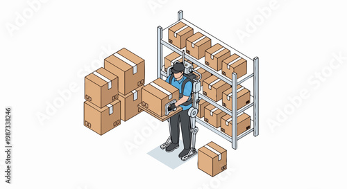 Isometric Warehouse Worker Wearing Robotic Exoskeleton Suit to Lift Heavy Boxes in Logistics Center