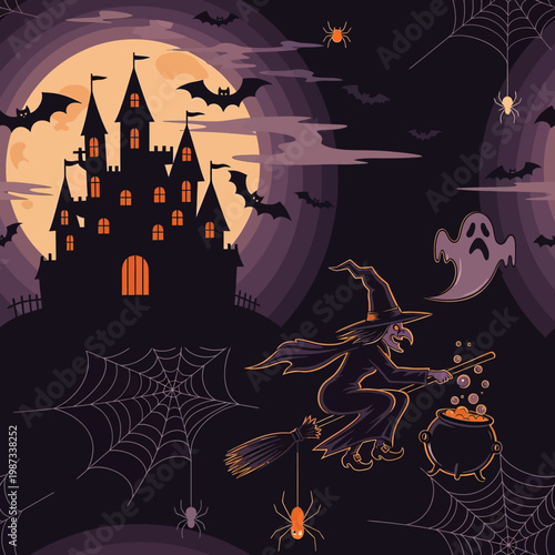 A spooky witch flying on a broomstick with a bubbling cauldron in front of a haunted castle.