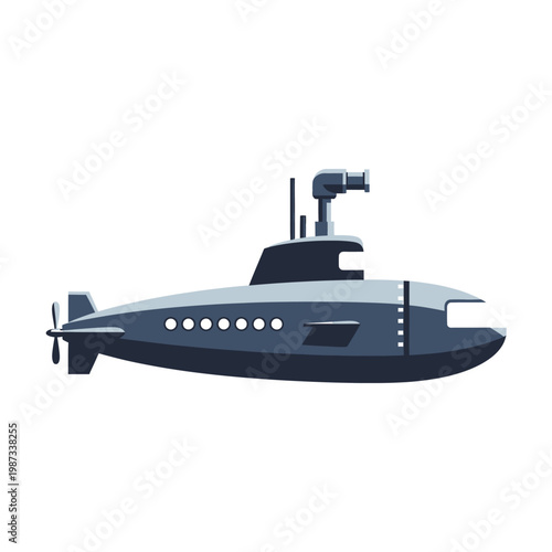 A stylized vector illustration of a dark blue military submarine with a periscope.