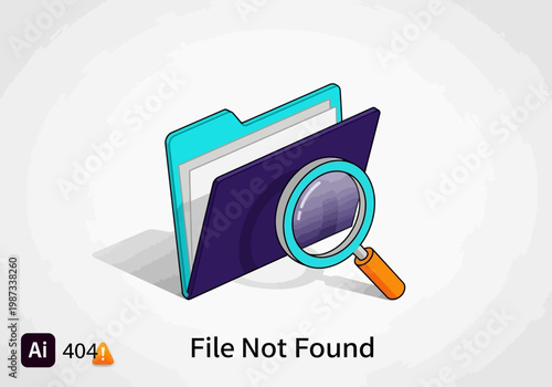 Isometric File Not Found 404 Error Illustration with Magnifying Glass and Document Folder