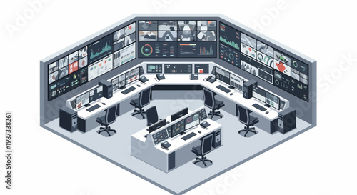 Isometric Security Operations Center Control Room with Data Dashboards and Surveillance Monitoring