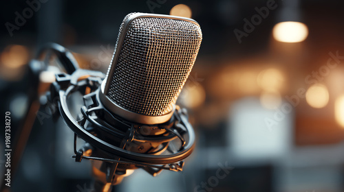 Dynamic microphone in a studio setting, ready for recording or performance, surrounded by soft ambient lights.