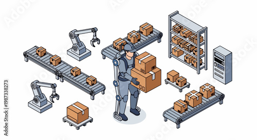 Automated Warehouse Illustration with Worker Wearing Robotic Exoskeleton, Robotic Arms, and Conveyor Belts for Smart Logistics