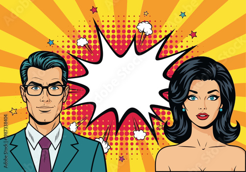 Retro Pop Art Couple with Empty Speech Bubble and Explosion Cloud on Vibrant Sunburst Background; Vintage Comic Book Style Illustration for Creative Commercial Design