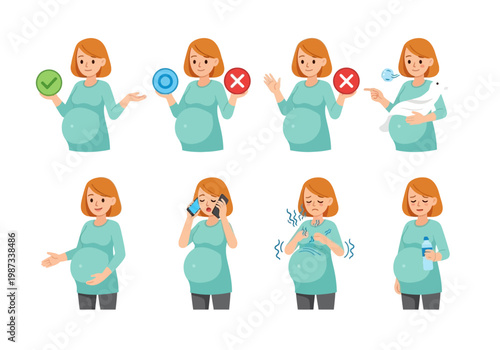Set of pregnant woman characters showing health advice, symptoms, and lifestyle choices. Illustrations of pregnancy dos and don'ts, morning sickness, hydration, and prenatal care.
