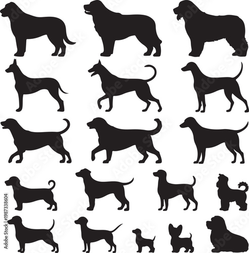 Diverse silhouettes of various dog breeds in motion and standing positions